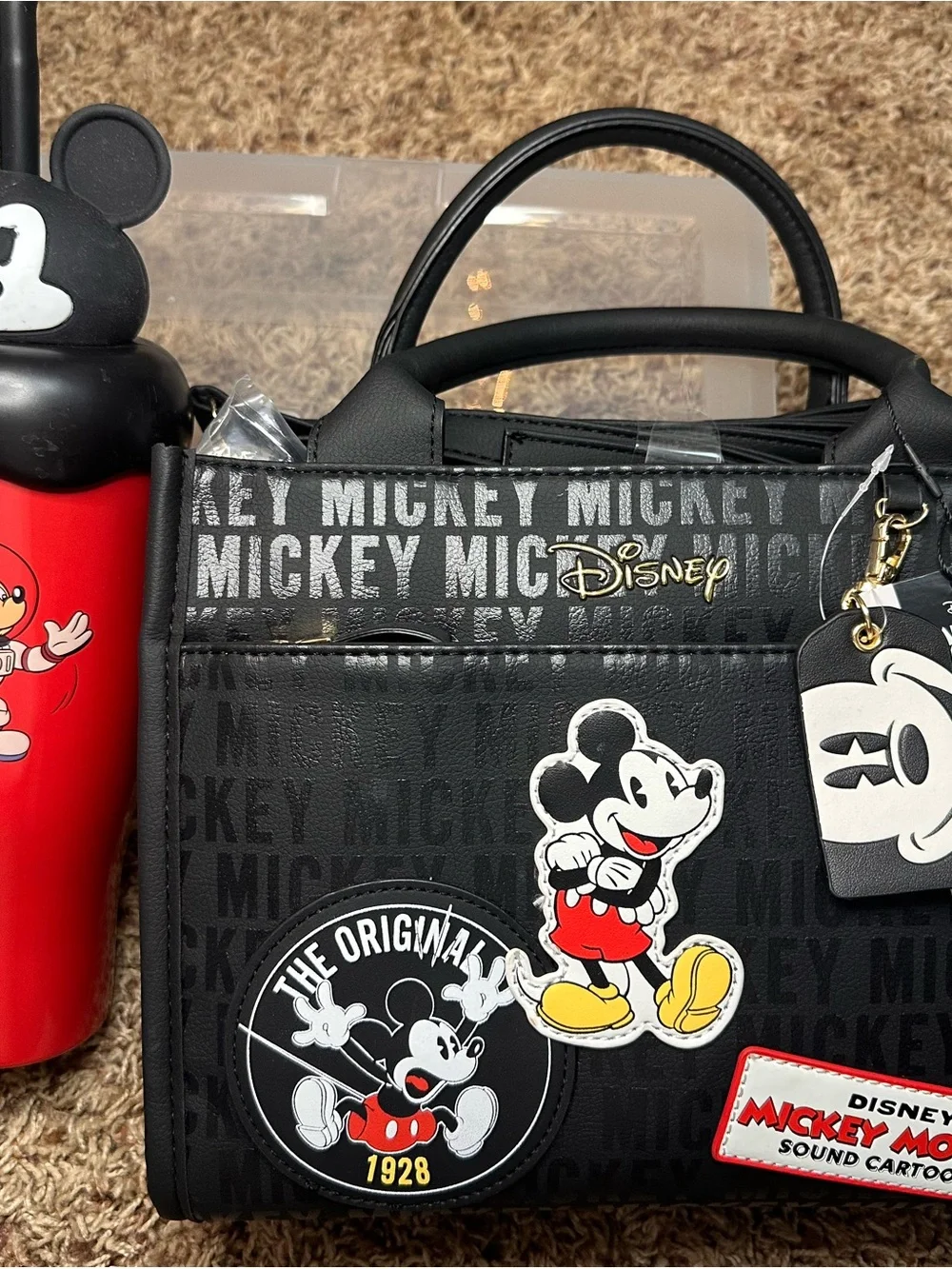 Disney Black Mickey Mouse Sticker Tote Bag with Yellow and Red Accents